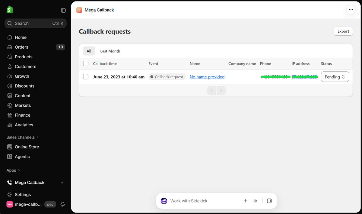 Mega Callback setup in Shopify