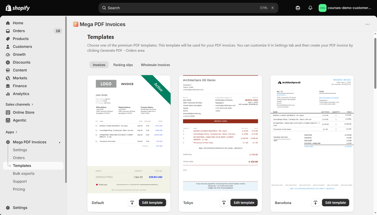 Mega PDF Invoices template editor and document preview