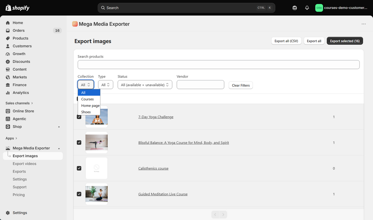 Mega Media Exporter product selection and media filters