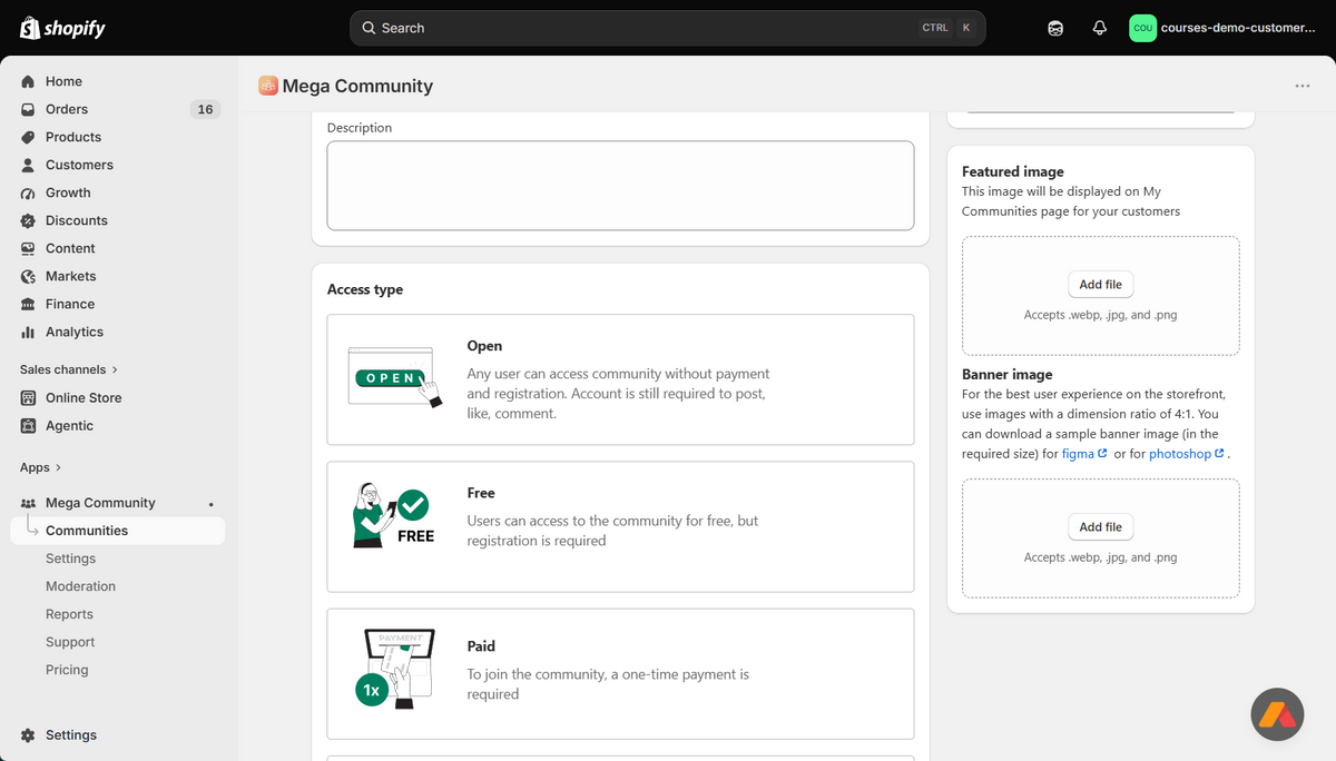 Mega Community settings for branding and member access