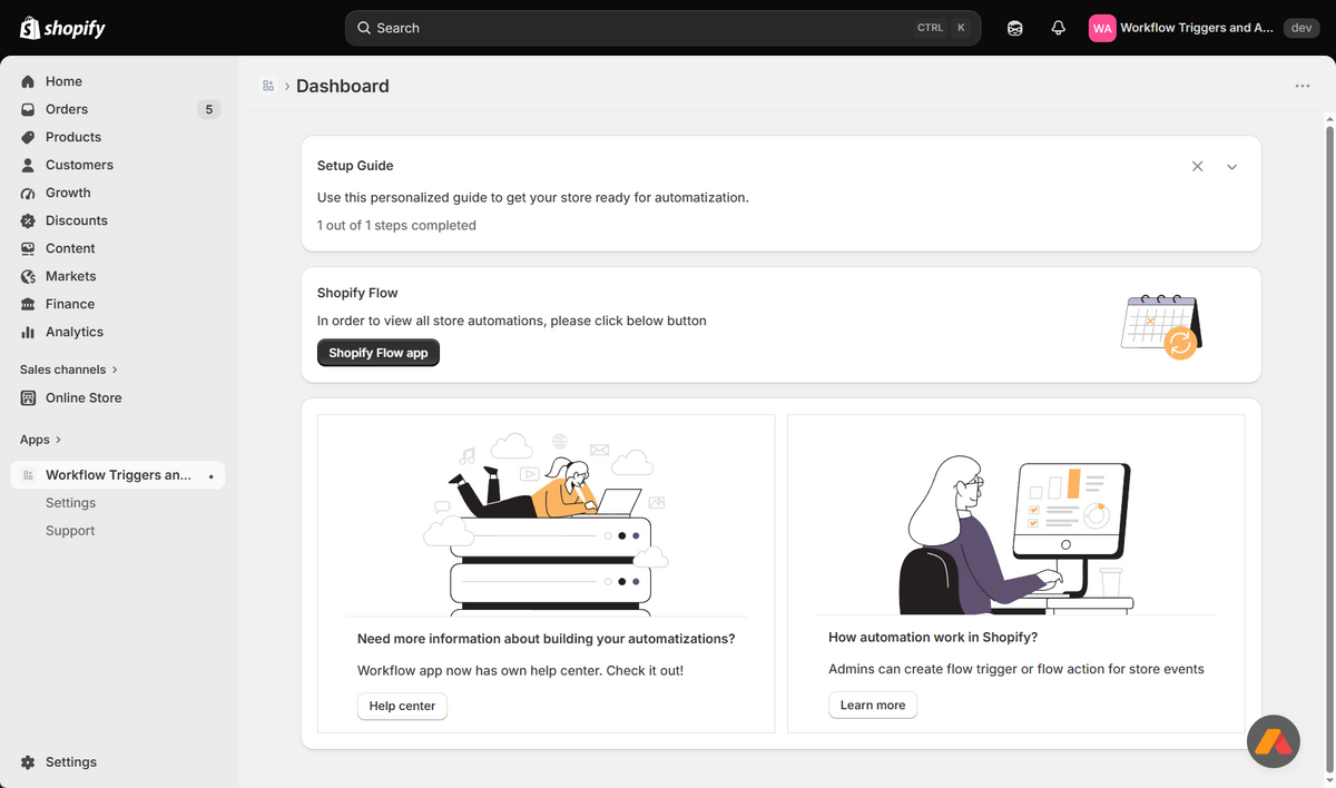 Workflow Triggers and Actions app connected to Shopify Flow