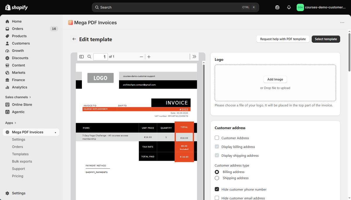 Branded PDF invoice generated from a Shopify order