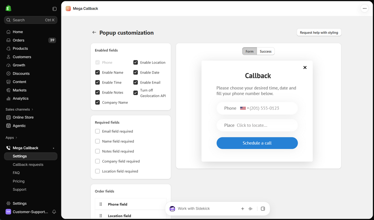 Mega Callback setup in Shopify