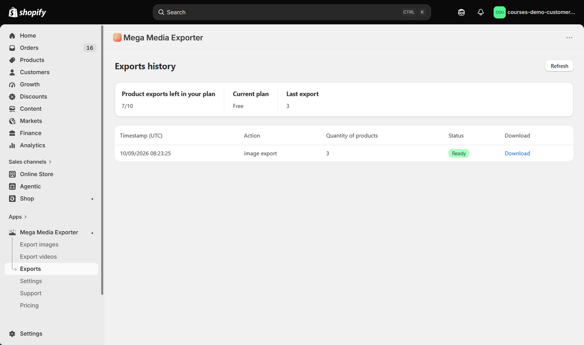 Completed Mega Media Exporter job with ZIP download