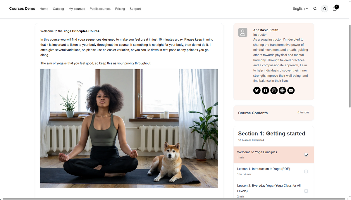 Courses Plus student lesson page in a Shopify storefront