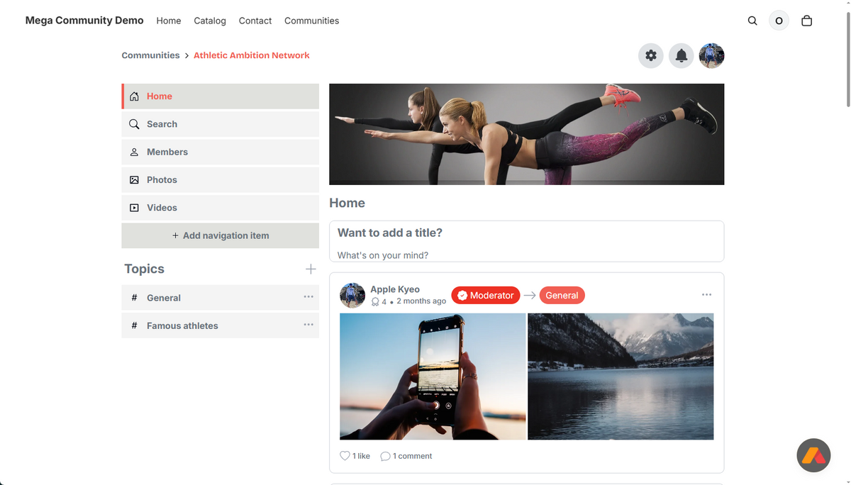 Mega Community member feed with posts topics and comments