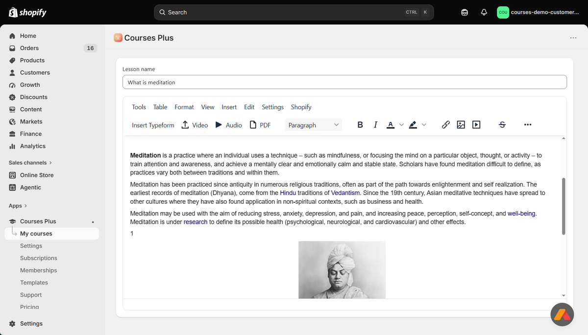 Courses Plus course editor with sections and lessons