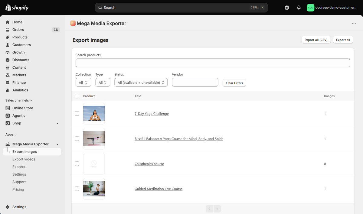Mega Media Exporter catalog scan with products images and videos