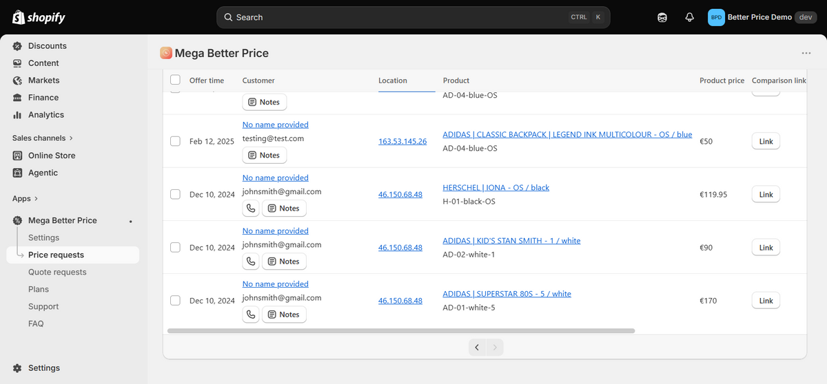 Mega Better Price request list and offer management screen