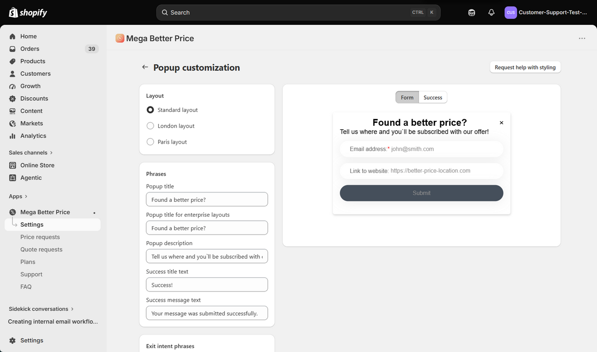 Mega Better Price form design and pricing rule settings