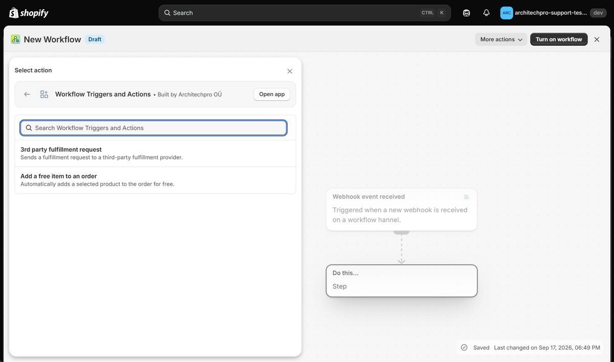 Shopify Flow workflow using the Webhook event received trigger