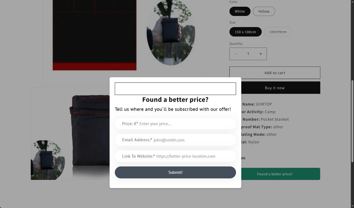 Mega Better Price request form on a Shopify product page