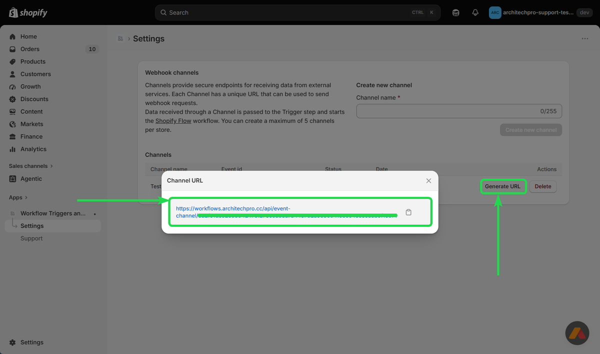 Generated webhook channel URL in Workflow Triggers and Actions