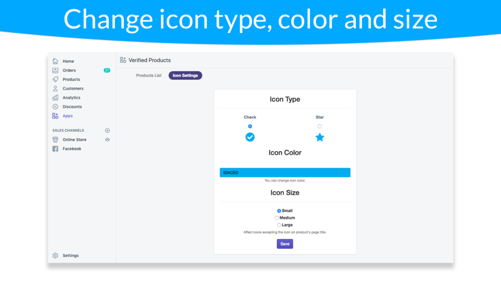 admin allows to change icon type, color and size